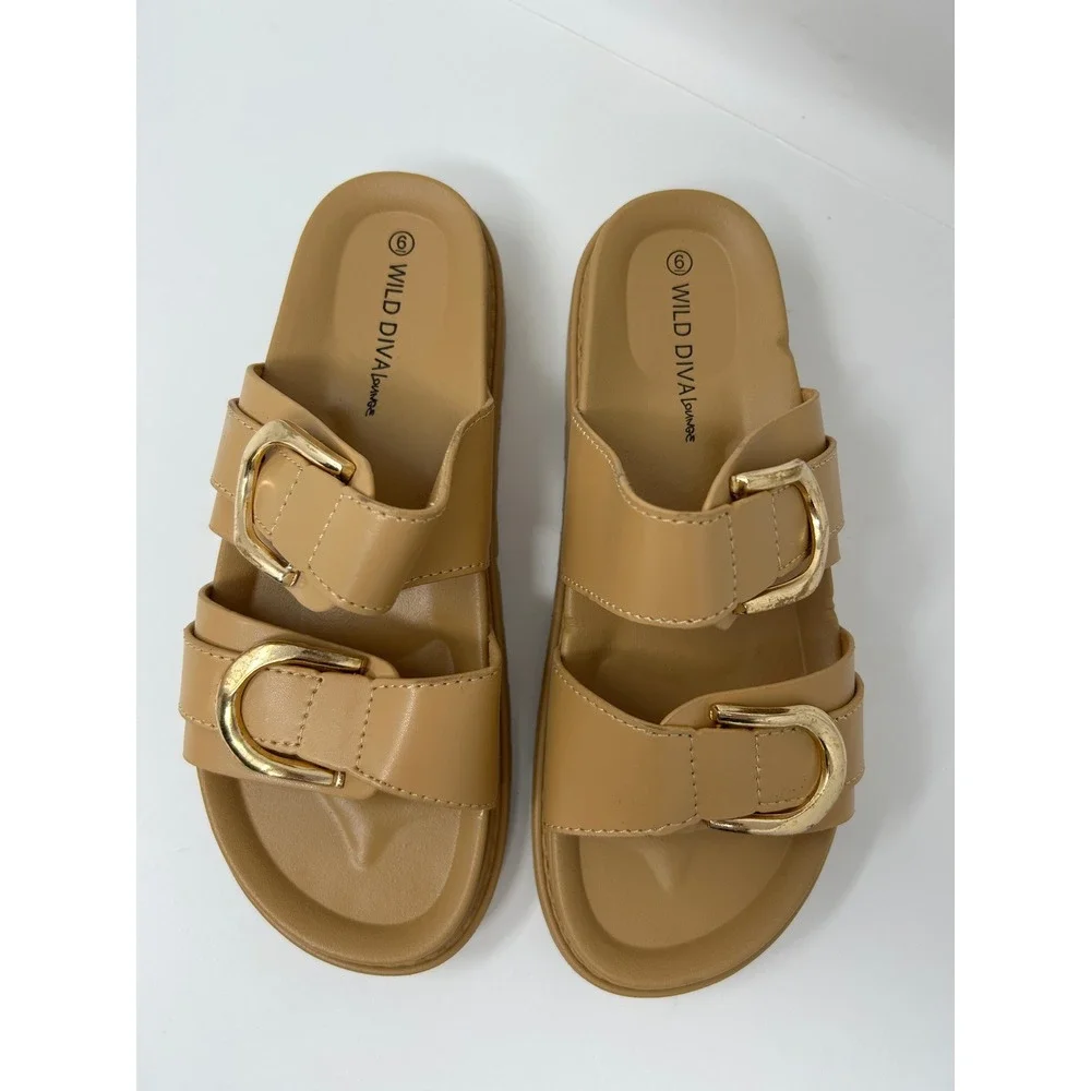 Wild Diva Lounge Tan Platform Slide Sandals Gold Buckle Double Strap Womens 6